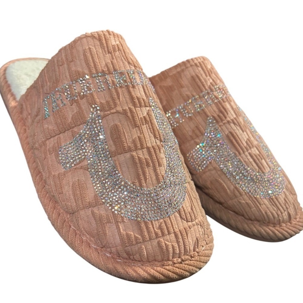True Religion Rhinestone Horseshoe Slippers Blush Corduroy Y2K Size M 6.5-7.5